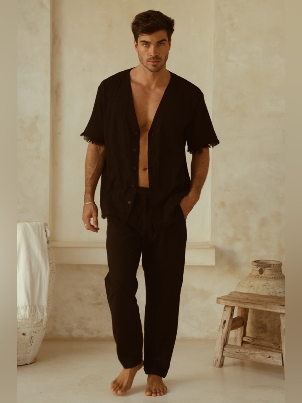 Runaway the label HARVEY SHIRT Men's Black cotton frayed Button-Up Shirt large